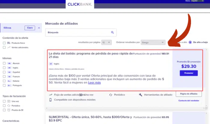 ClickBank organiza a los Embudos de acuerdo a los que más dinero están generando hoy.